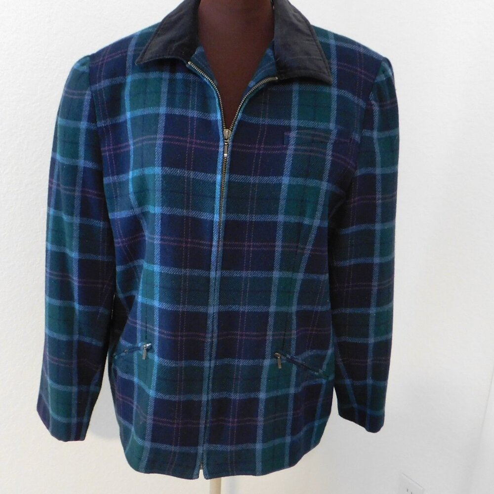 Vintage Marsh Landing Petites Plaid Wool Blend Zip Lined Blazer Jacket PL